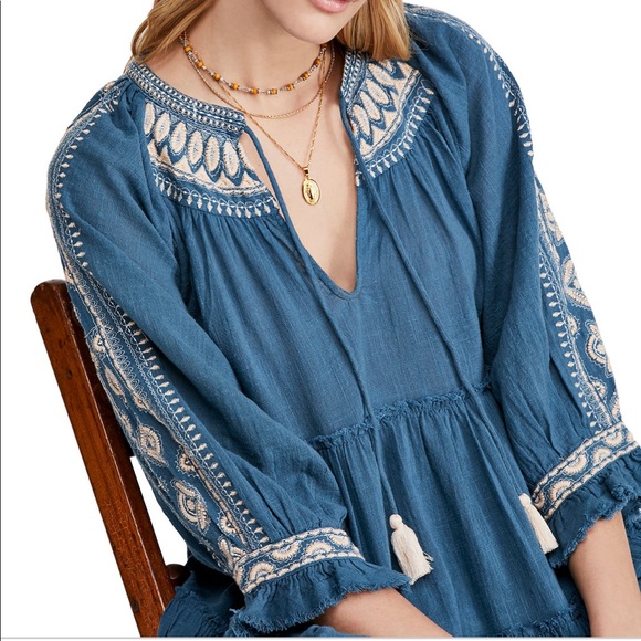 Sold❗️FREE PEOPLE embroidered teal tunic top - Picture 1 of 4